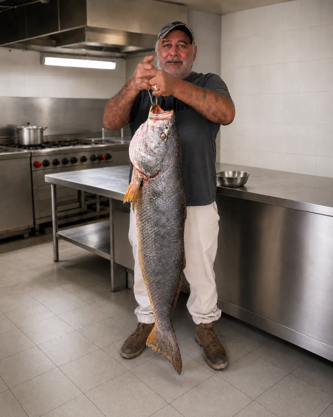 Trabajador de Mariscos Maluko sosteniendo una corvina fresca del norte de Chile en el área de proceso