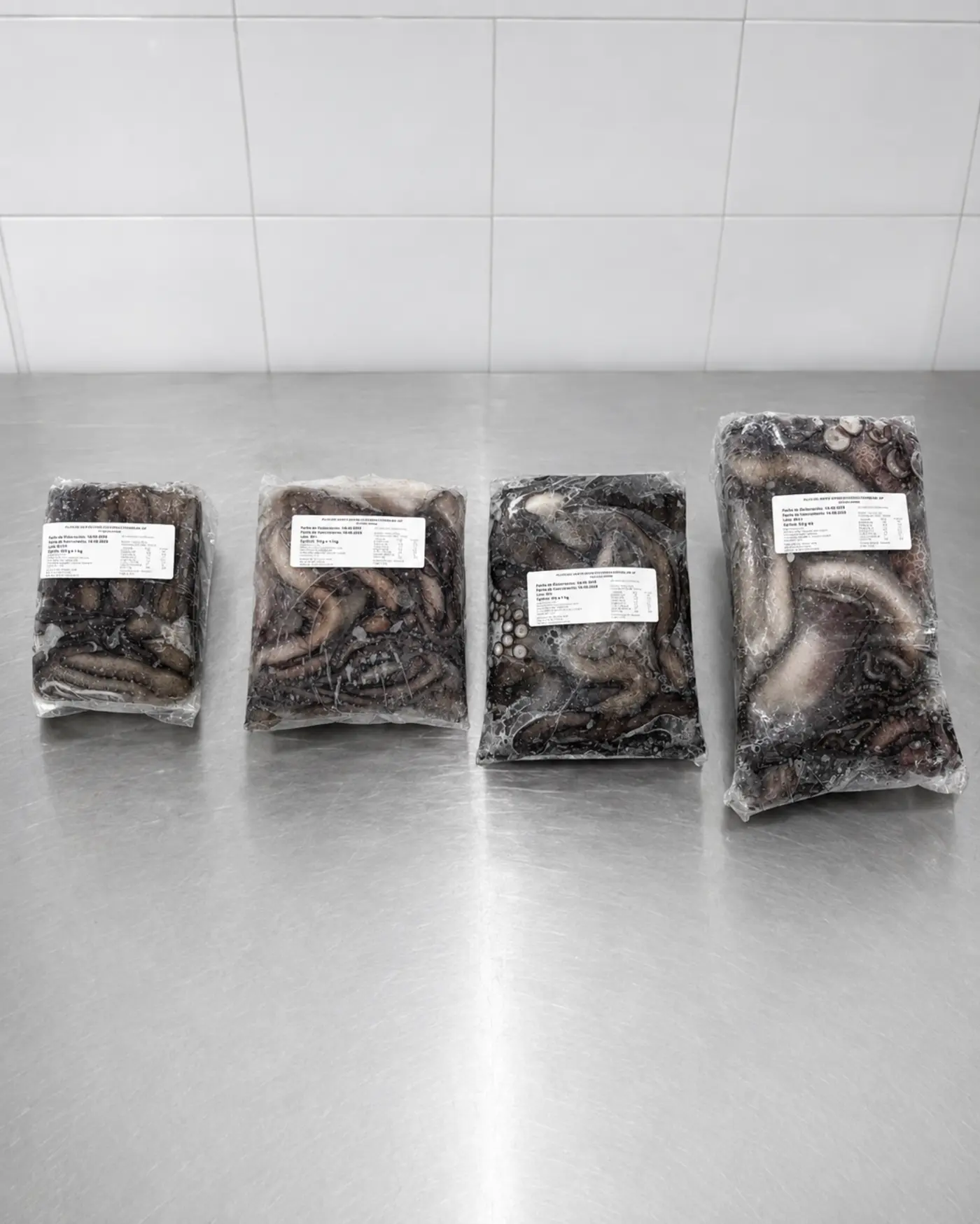 Bolsas de Pulpo del Norte IQF seleccionadas por calibre sobre mesa de acero, Mariscos Maluko