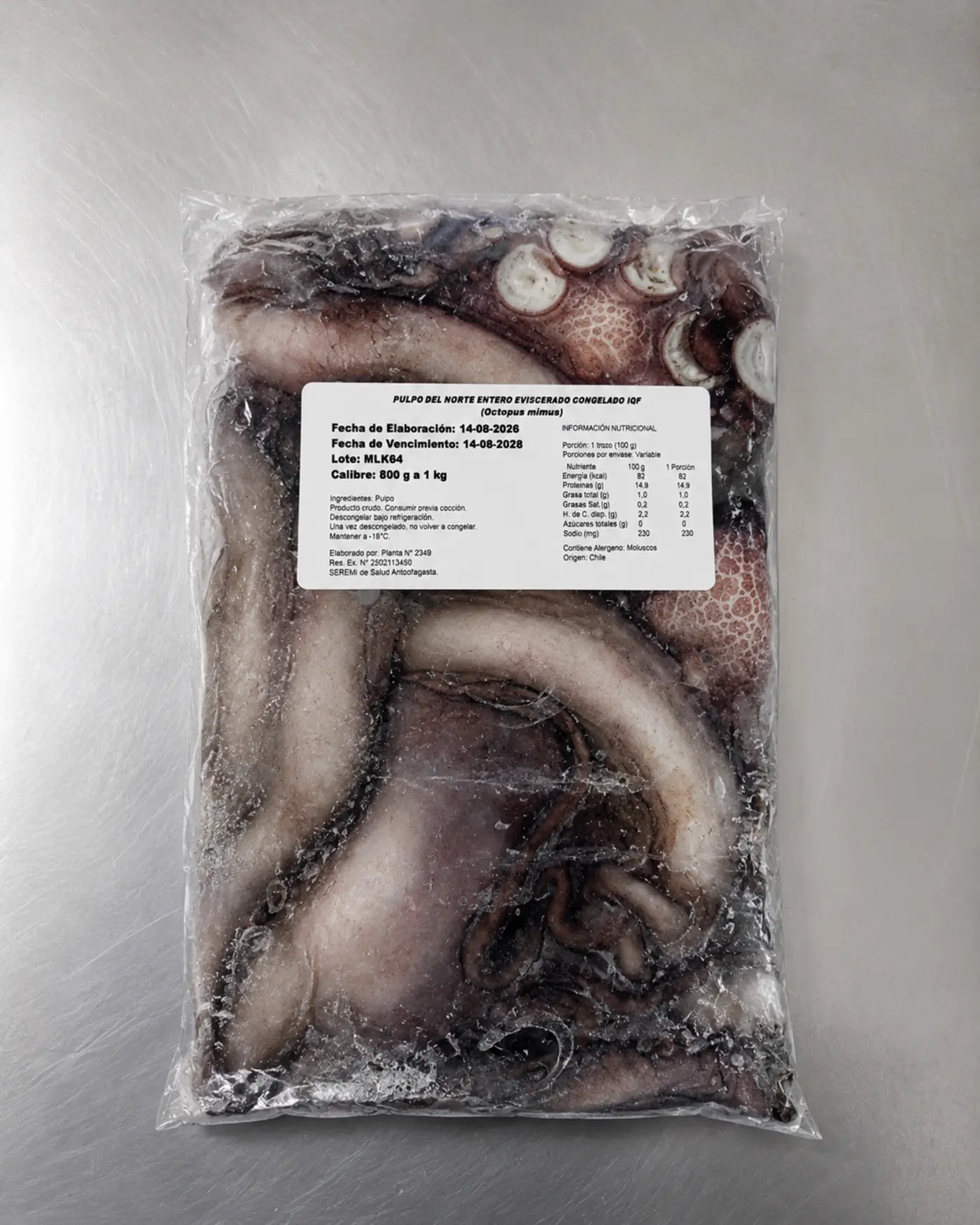 Pulpo del Norte entero eviscerado congelado IQF, Octopus mimus, envasado por Mariscos Maluko